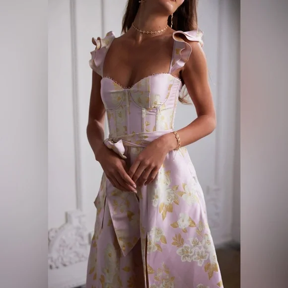 V. Chapman Vera Ruffle-Strap Corset Side-Slit Midi Dress Anthropologie
